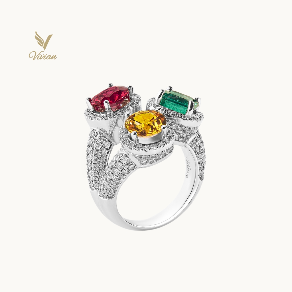 Nhẫn vàng trắng 18K gắn viên Emerald, Sapphire và Spinel thiên nhiên, và kim cương thiên nhiên