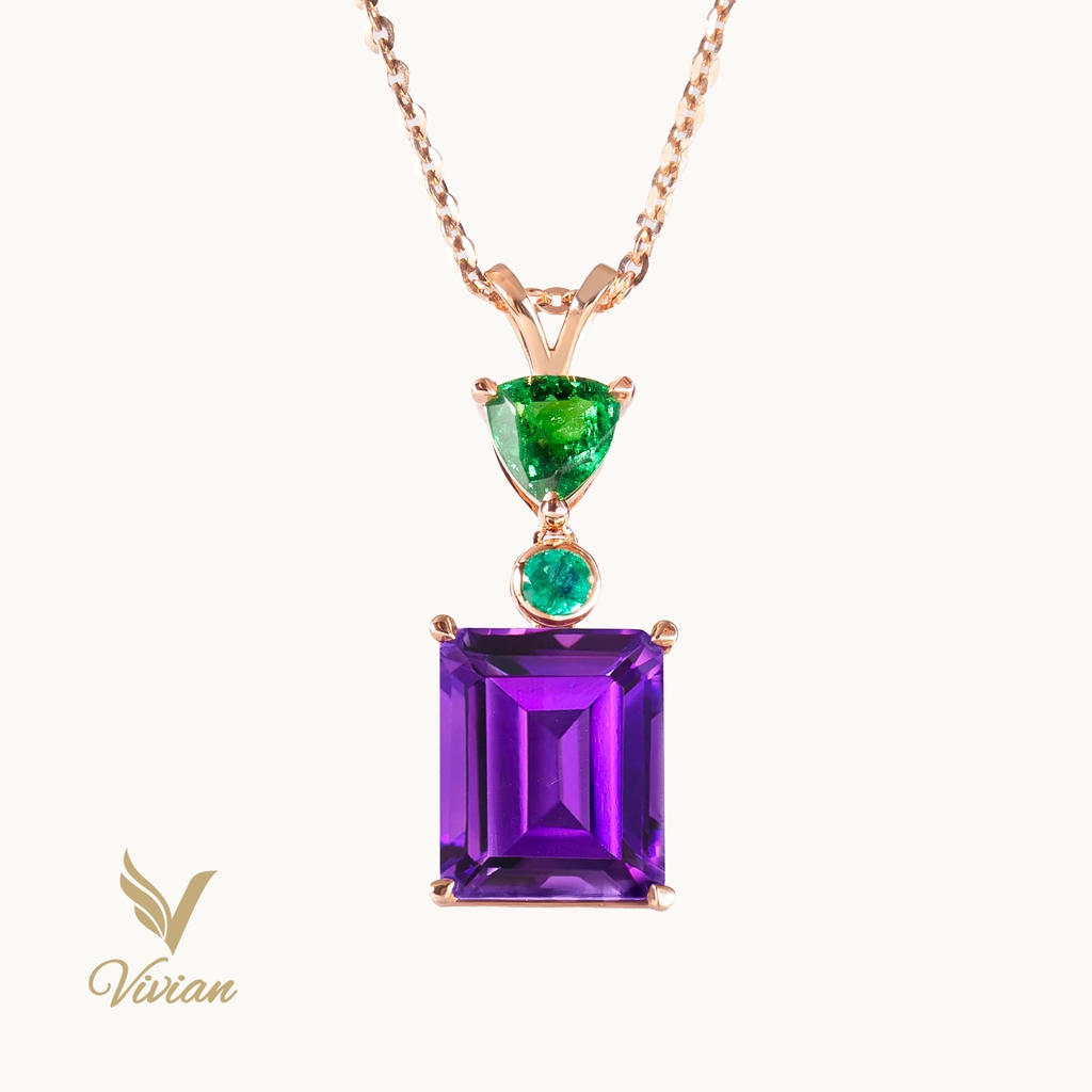 Dây chuyền vàng hồng gắn mặt dây vàng hồng 14K, viên chủ Amethyst (Thạch anh tím), Garnet kết hợp Emerald thiên nhiên