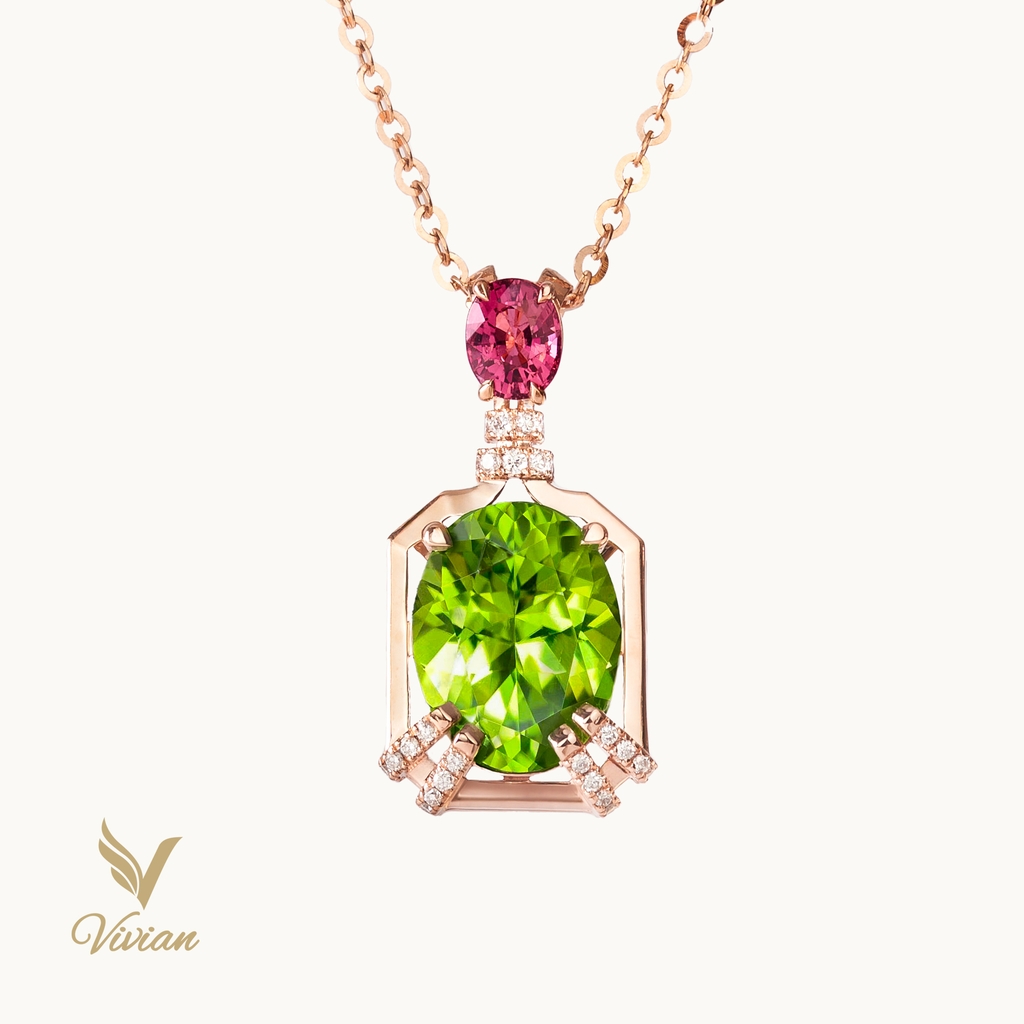 Dây chuyền vàng hồng Ý 18K, mặt dây vàng hồng 14K gắn viên chủ Peridot thiên nhiên và viên phụ Spinel tím hồng thiên nhiên không có dấu hiệu xử lý nhiệt, 41 viên kim cương thiên nhiên