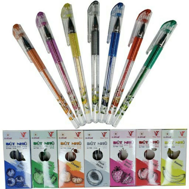 G-Star Bút Gel Nhũ Kim Tuyến THƠM GLITTER (Bạc, Cam, Hồng, Lá, Biển, Vàng, Đỏ) (12 Cây/Hộp; 10 Hộp/ Lốc; 120 Hộp/ Thùng)