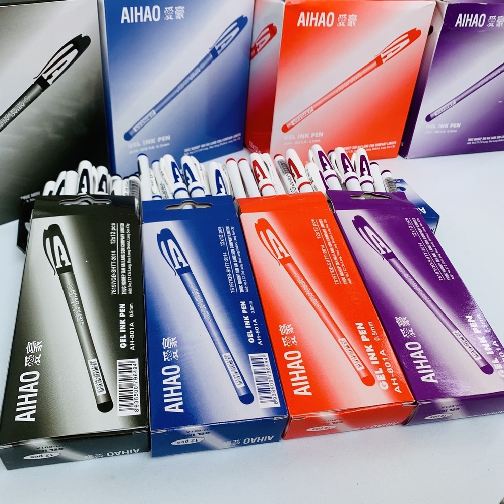 . Bút Gel Nước Chữ AAA 0.5mm Aihao AH-801A (Xanh, Tím, Đỏ, Đen) (12 Cây/Hộp) (12 Hộp/Lốc) (12 Lốc/Thùng)
