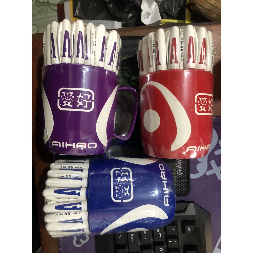 Bút Gel Nước Chữ AAA 0.5mm Aihao AH-801A (Xanh, Tím, Đỏ, Đen) (48 Cây/Cốc)