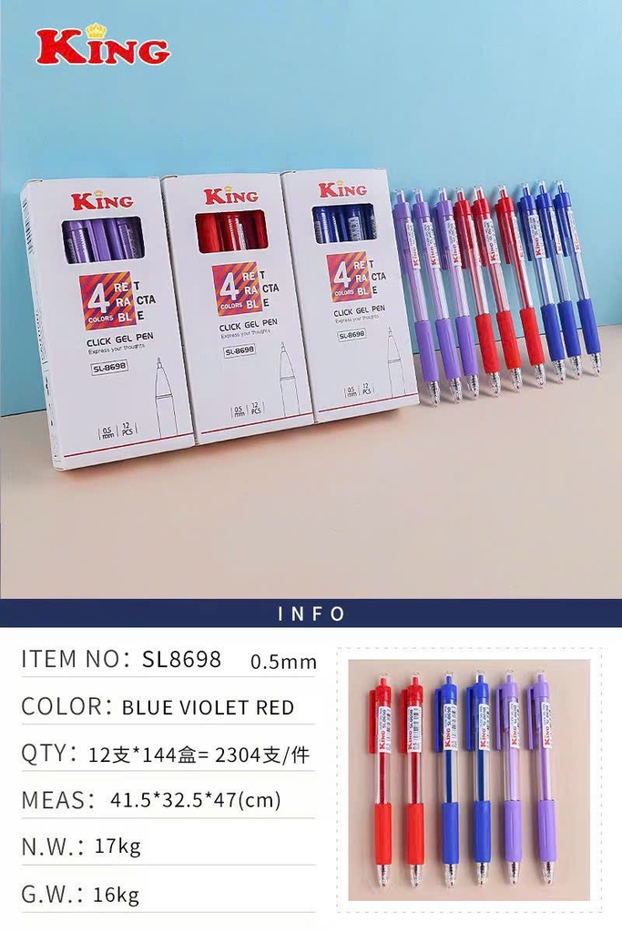 . Bút 8698 King/ T8 (Xanh, Tím, Đỏ, Đen) (12 Cây/Hộp; 16 Hộp/Lốc; 192 Hộp/Thùng)