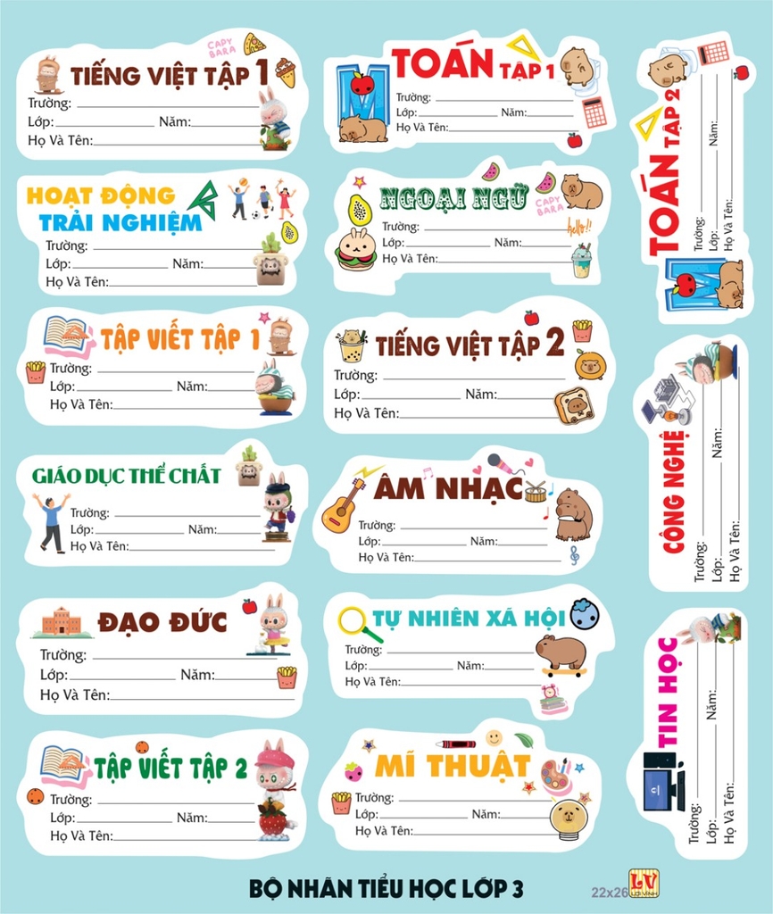 Bộ Nhãn Môn Học Lớp 1, 2, 6, 7, 8, 9 (5 Tờ/ Xấp; 10 Xấp/ Bịch)