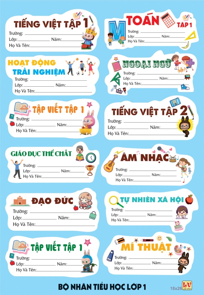 Bộ Nhãn Môn Học Lớp 1, 2, 6, 7, 8, 9 (5 Tờ/ Xấp; 10 Xấp/ Bịch)