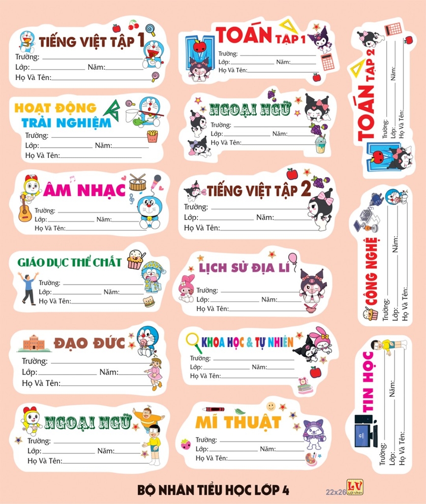 Bộ Nhãn Môn Học Lớp 1, 2, 6, 7, 8, 9 (5 Tờ/ Xấp; 10 Xấp/ Bịch)