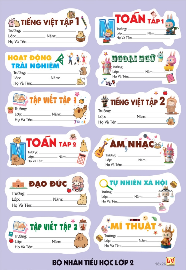 Bộ Nhãn Môn Học Lớp 1, 2, 6, 7, 8, 9 (5 Tờ/ Xấp; 10 Xấp/ Bịch)