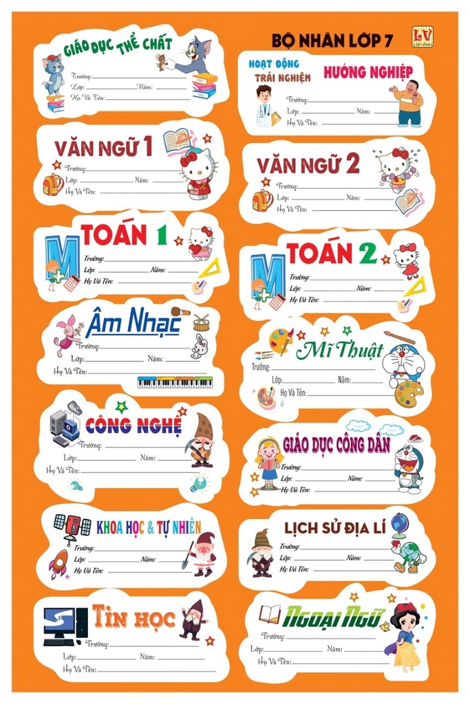 Bộ Nhãn Môn Học Lớp 1, 2, 6, 7, 8, 9 (5 Tờ/ Xấp; 10 Xấp/ Bịch)