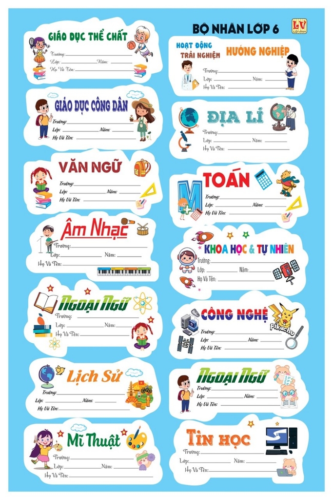 Bộ Nhãn Môn Học Lớp 1, 2, 6, 7, 8, 9 (5 Tờ/ Xấp; 10 Xấp/ Bịch)