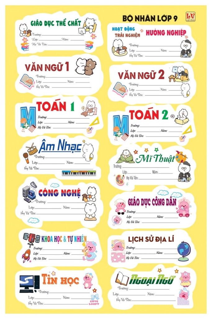 Bộ Nhãn Môn Học Lớp 1, 2, 6, 7, 8, 9 (5 Tờ/ Xấp; 10 Xấp/ Bịch)