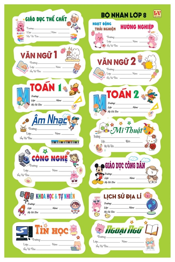 Bộ Nhãn Môn Học Lớp 1, 2, 6, 7, 8, 9 (5 Tờ/ Xấp; 10 Xấp/ Bịch)
