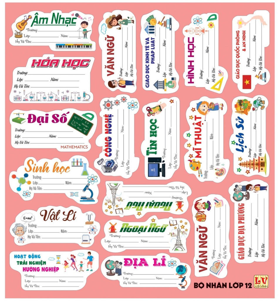 Bộ Nhãn Môn Học Lớp 1, 2, 6, 7, 8, 9 (5 Tờ/ Xấp; 10 Xấp/ Bịch)