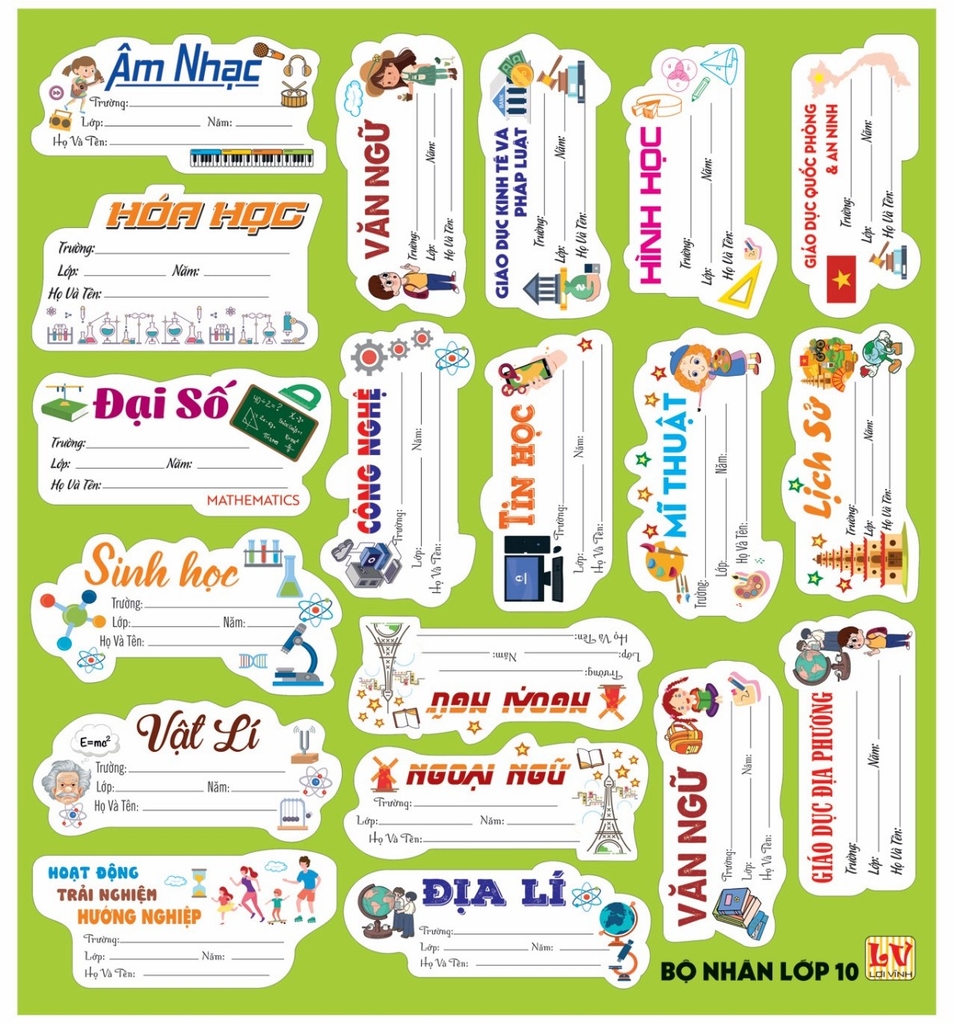 Bộ Nhãn Môn Học Lớp 1, 2, 6, 7, 8, 9 (5 Tờ/ Xấp; 10 Xấp/ Bịch)