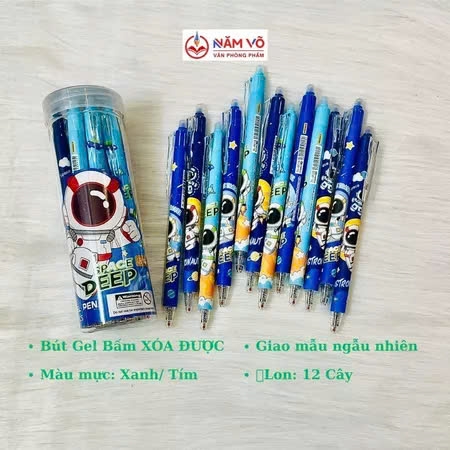 . LON 12 CÂY Bút Gel Bấm Xóa Được VS, King Lon (Xanh, Tím) (12 Cây/Lon) (12 Lon/Lốc) (16 Lốc/Thùng)