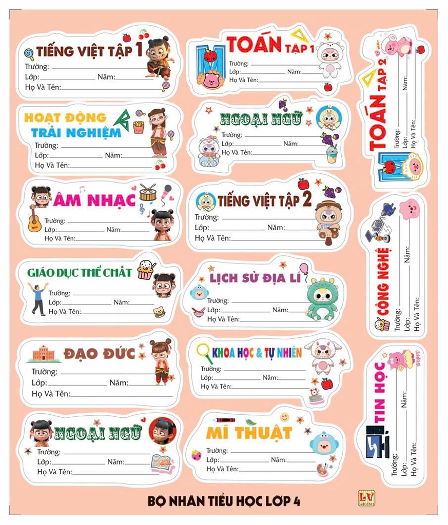 Bộ Nhãn Môn Học Lớp 3, 4, 5, 10, 11, 12 (5 Tờ/ Xấp; 10 Xấp/ Bịch)