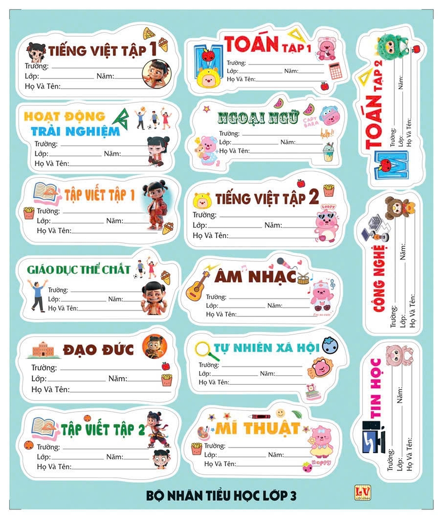 Bộ Nhãn Môn Học Lớp 3, 4, 5, 10, 11, 12 (5 Tờ/ Xấp; 10 Xấp/ Bịch)