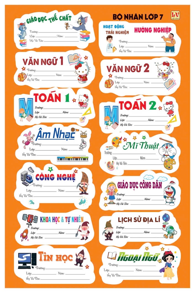 Bộ Nhãn Môn Học Lớp 3, 4, 5, 10, 11, 12 (5 Tờ/ Xấp; 10 Xấp/ Bịch)