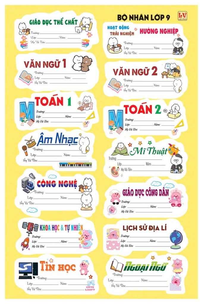 Bộ Nhãn Môn Học Lớp 3, 4, 5, 10, 11, 12 (5 Tờ/ Xấp; 10 Xấp/ Bịch)