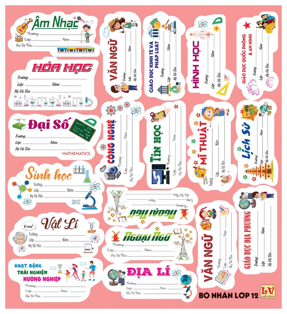 Bộ Nhãn Môn Học Lớp 3, 4, 5, 10, 11, 12 (5 Tờ/ Xấp; 10 Xấp/ Bịch)
