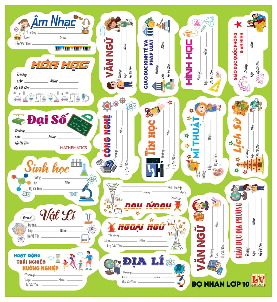 Bộ Nhãn Môn Học Lớp 3, 4, 5, 10, 11, 12 (5 Tờ/ Xấp; 10 Xấp/ Bịch)