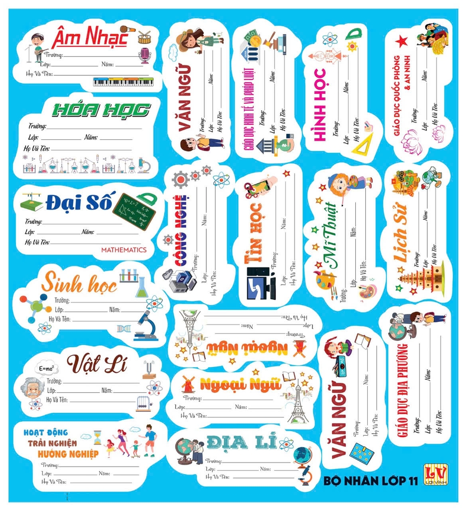Bộ Nhãn Môn Học Lớp 3, 4, 5, 10, 11, 12 (5 Tờ/ Xấp; 10 Xấp/ Bịch)