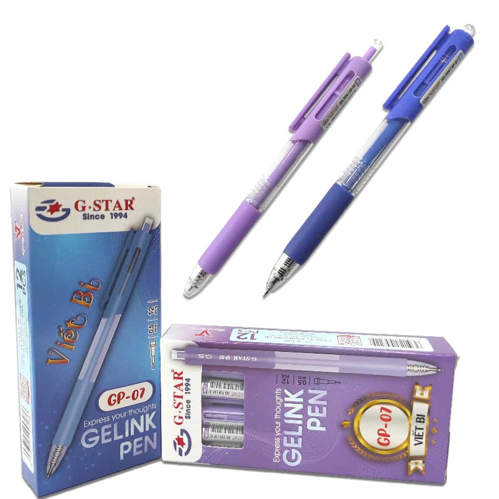 G-Star Bút Gel GP07 Ngòi 0.5mm Mực Xanh, Tím (12 Cây/ Hộp; 12 Hộp/ Lốc)