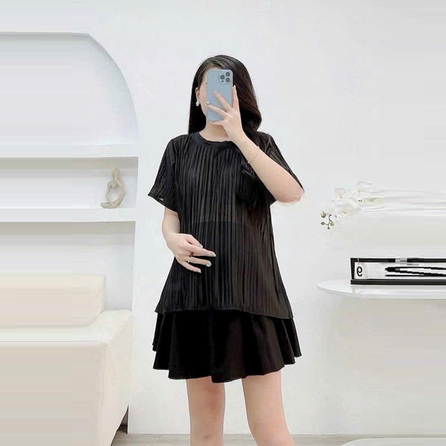 Chân Váy Bầu xếp li ngắn,  xinh tươi, trẻ trung. Chất Umi cotton đẹp, dày dặn - Dáng siêu xinh - Ảnh chụp thật