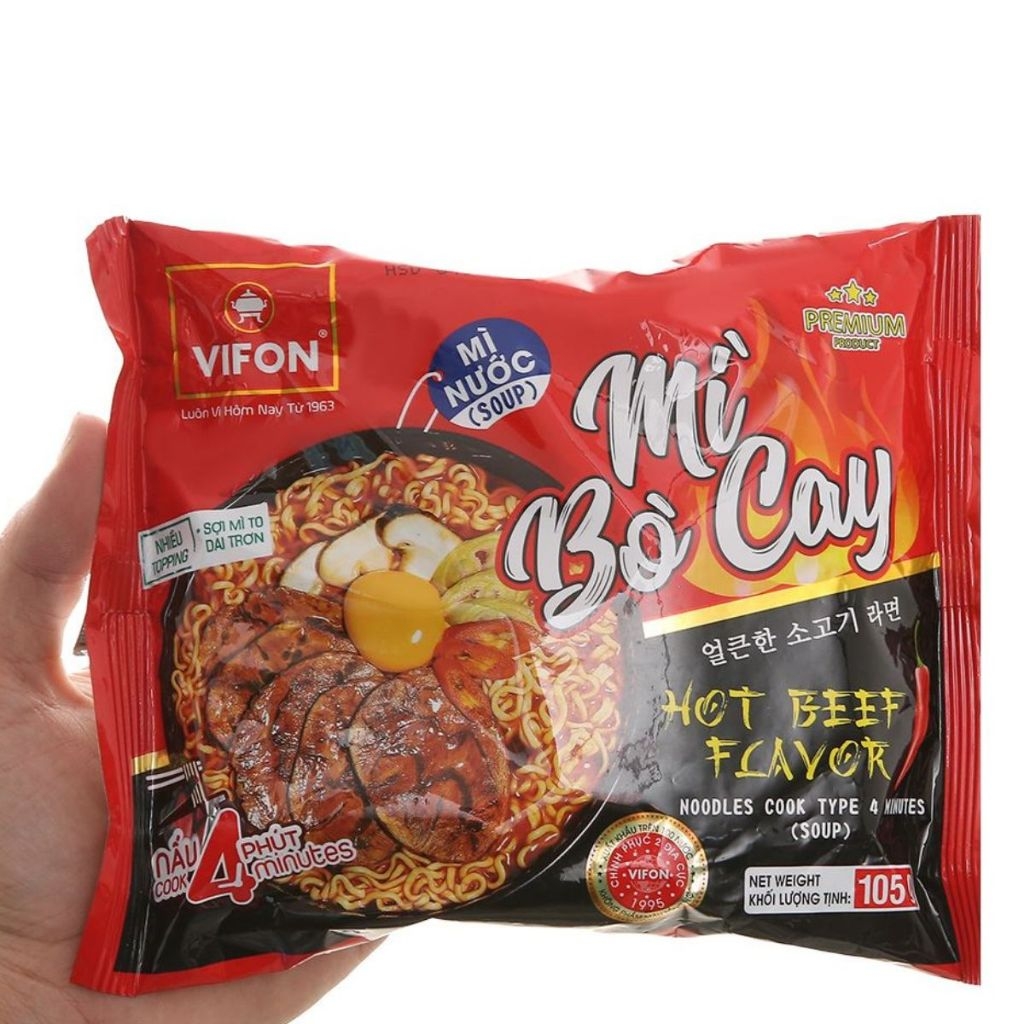 Mì nước Vifon vị bò cay/hải sản cay/bò kim chi cay gói 105g