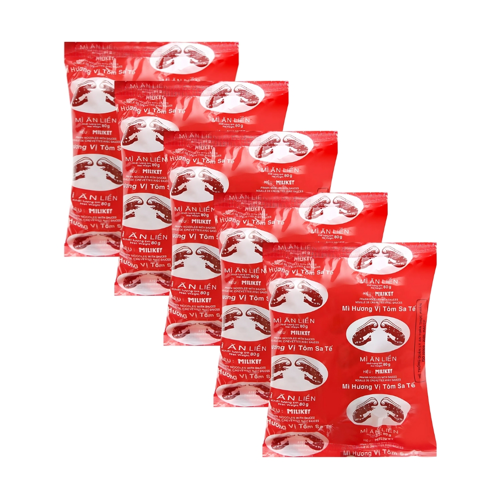 Lốc 5 gói mì Miliket sa tế tôm đỏ 80g