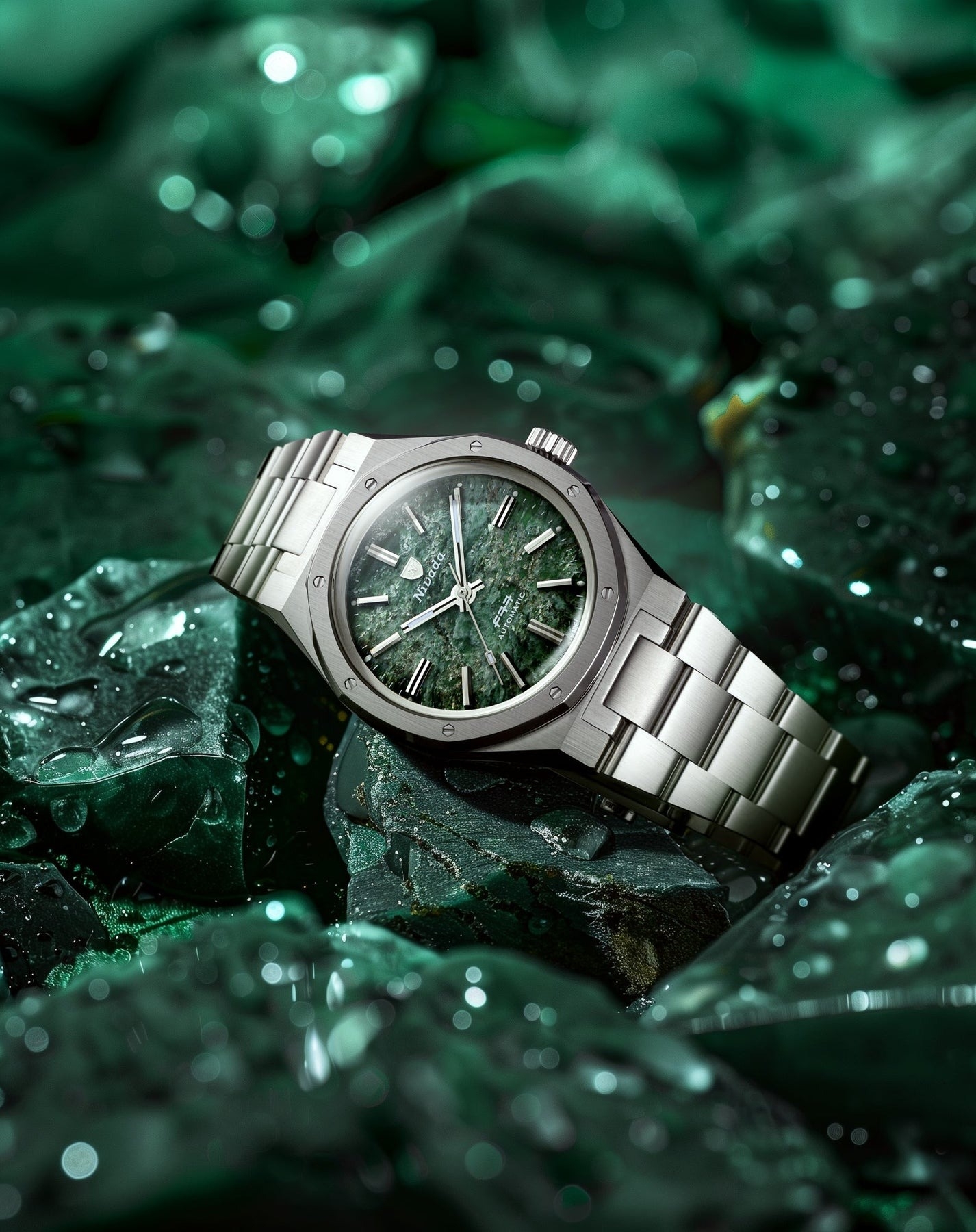 Nivada Grenchen, dòng sản phẩm F77, Ref number: 68037A77, mặt số Đá Aventurine xanh lá