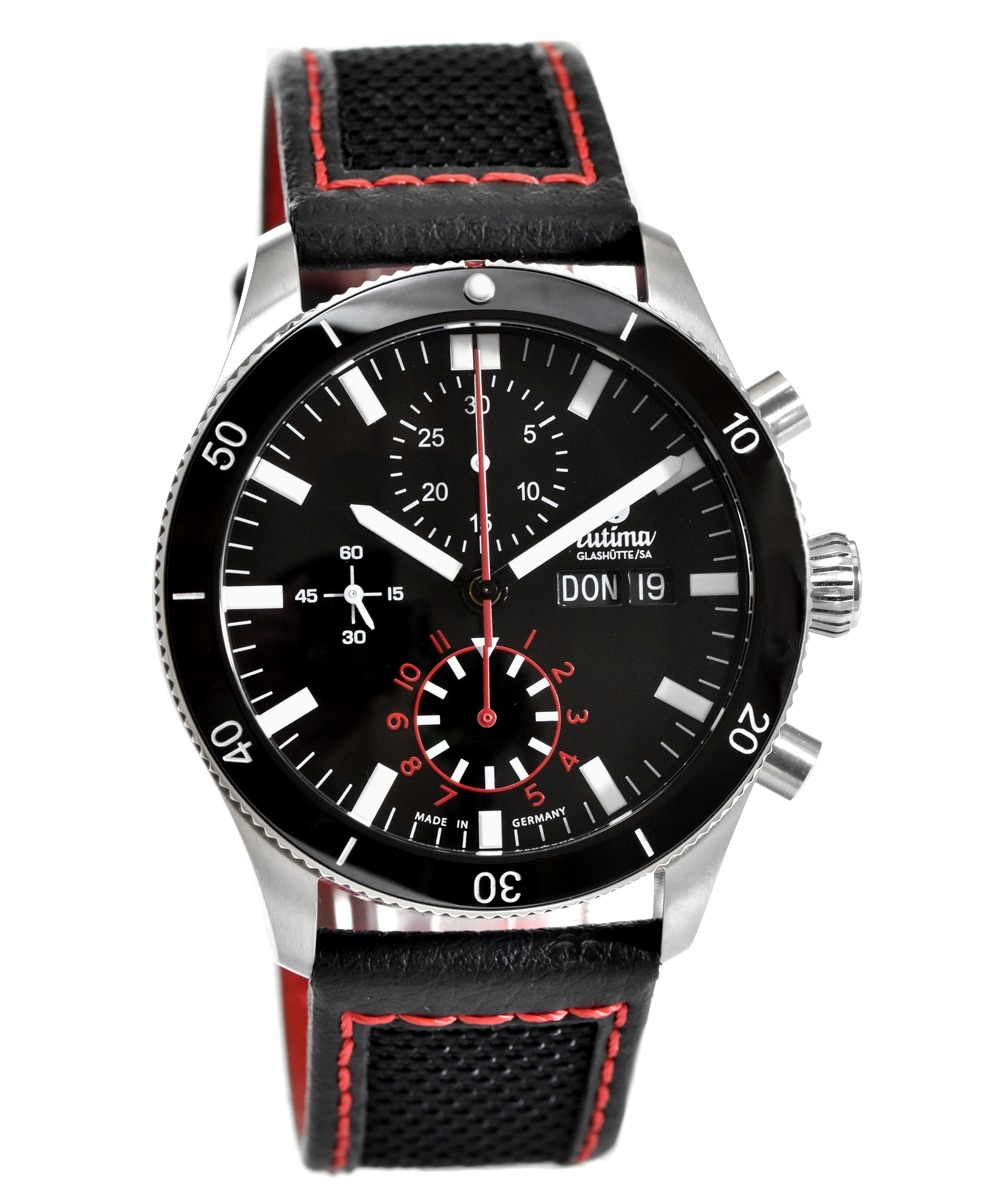 Đồng hồ đeo tay thương hiệu Tutima, dòng sản phẩm Grand Flieger Airport, Ref no: 6407-05, mặt số nhung đen, size 41mm, máy tự động, vỏ đồng hồ bằng thép không gỉ và dây đeo vải Kevlar, hàng mới 100%