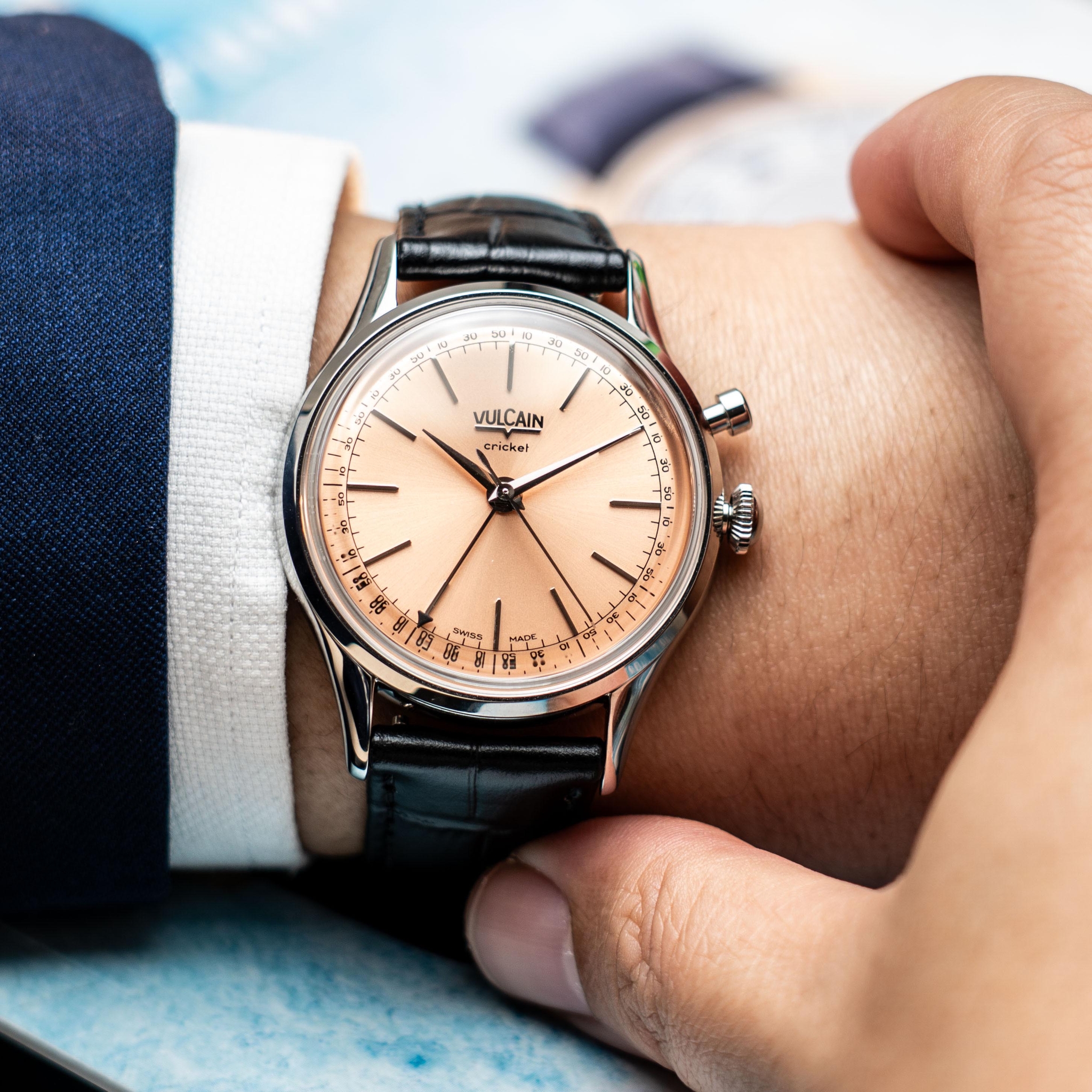 Vulcain, dòng sản phẩm Cricket President, Ref no: 100273A80.BAC201, mặt số màu cá hồi