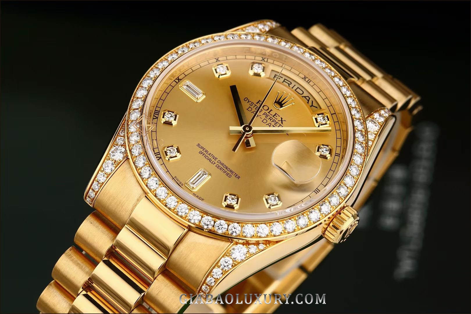 Đồng Hồ Rolex Day-Date 36 118338 Mặt Số Vàng Champagne Cọc Số Kim Cương