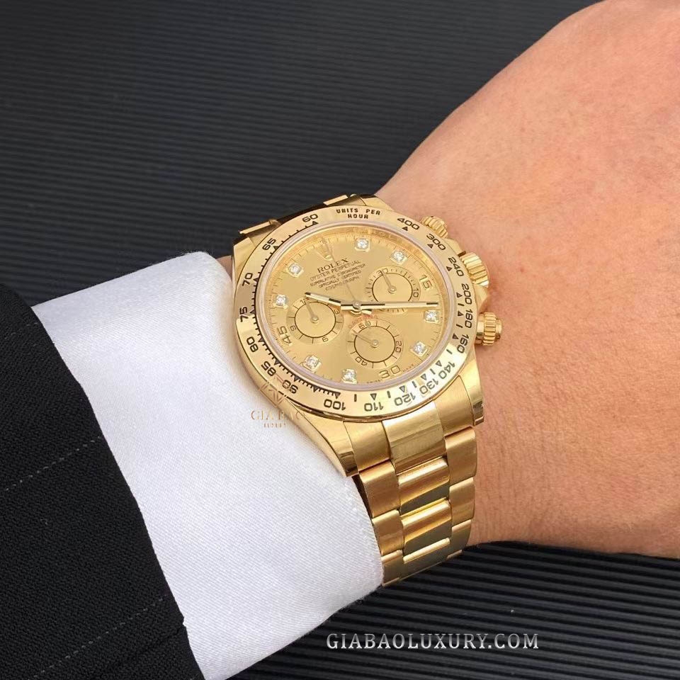 Đồng Hồ Rolex Cosmograph Daytona 116508 Mặt Số Vàng Champagne Cọc Số Kim Cương