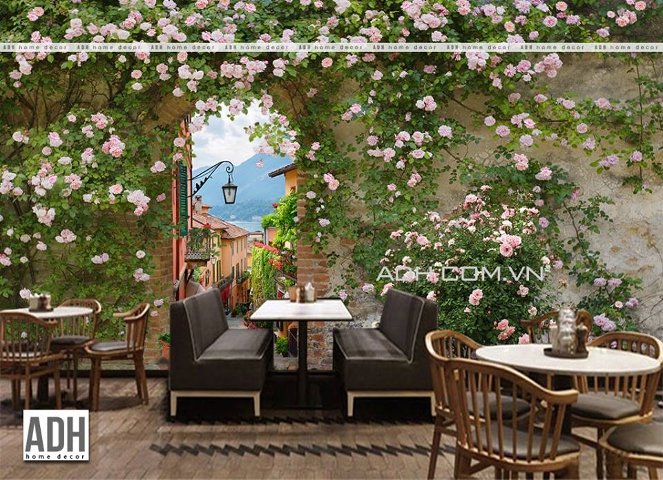 Tranh dán tường phong cảnh giàn hoa dùng cho quán cafe, trà sữa ADHW091904