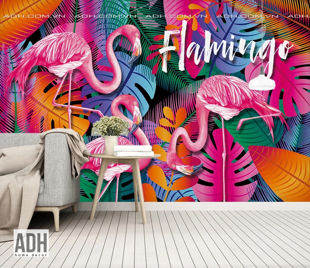 Tranh dán tường bộ ba hồng hạc, flamingo ADH190920