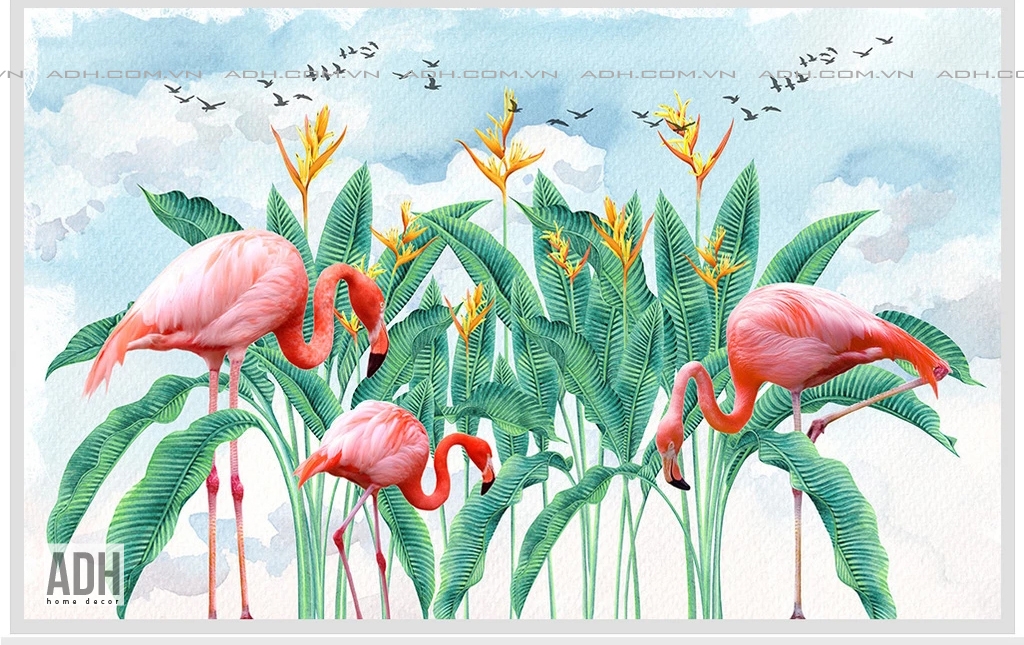 Tranh dán tường hồng hạc, hoa và chim trời ADH190920