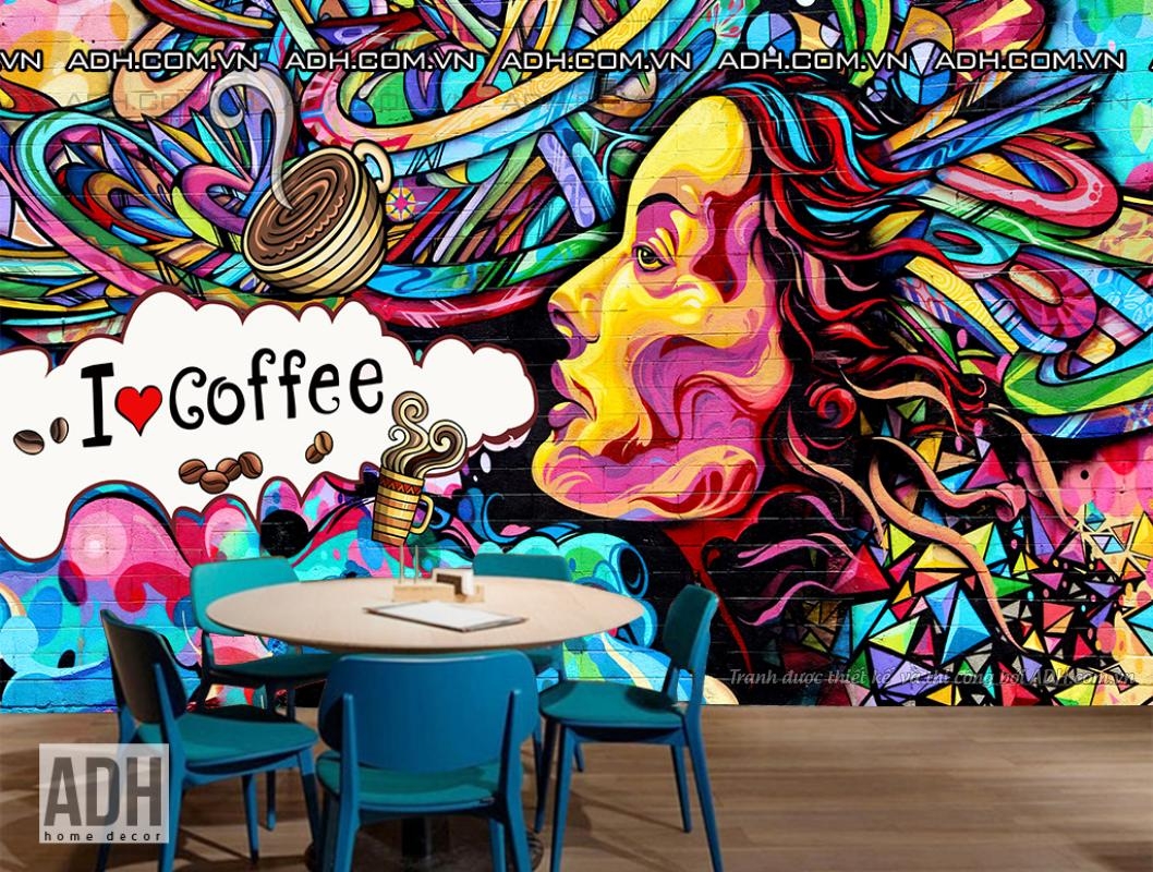 Tranh dán tường Cô gái Grafiti.Tranh dán tường quán cafe. Tranh dán tường quán trà sữa, trà chanh. Tranh dán tường cho giới trẻ ADHCF201001