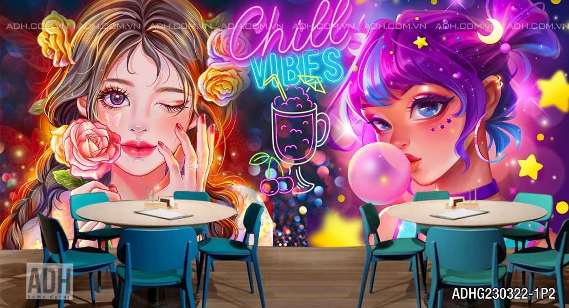 Tranh dán tường Trà sữa Cô Gái Chill