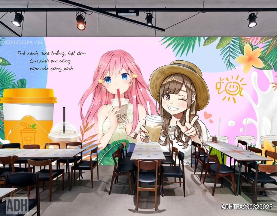 Tranh dán tường quán Trà sữa, trà chanh, ăn vặt  hai cô gái anime