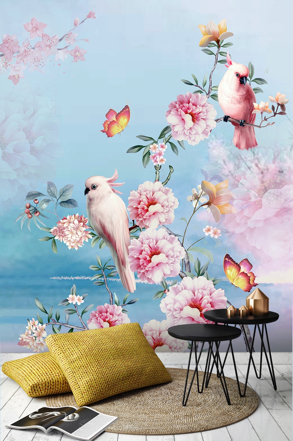 Tranh dán tường đôi chim bên hoa mẫu đơn  màu hồng, tranh vải dán tường,ADHW22