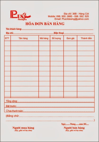 Ảnh 1 : Mẫu hóa đơn bán lẻ thông dụng ( In Thành Đô)