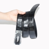 Dây thắt lưng da cá sấu liền bụng màu đen khóa trắng