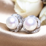 Bông tai Ngọc trai nước ngọt Thiên nhiên Cao cấp - Hoa 6 cánh Nạm Zirconia - SANKA FLOWER PEARL (10ly) - CTJ1910