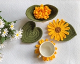 Set lót ly len đan móc handmade - hoa cúc