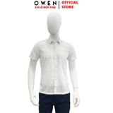 Áo Sơ Mi Nam Tay Ngắn Owen AB230184NT màu trắng chấm bi dáng body fit tà bằng có túi chất liệu sợi tre