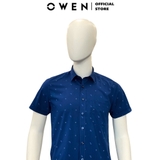 Áo Sơ Mi Nam Tay Ngắn Owen AB230189NT Màu xanh cổ vịt in họa tiết dáng suông tà bằng có túi chất liệu sợi tre