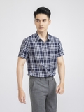 Áo Sơ Mi Nam Tay Ngắn Aristino ASS177S1 Màu Xanh Tím Than Kẻ Trắng Kiểu Dáng Slim Fit Vải Sợi Sồi