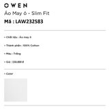 Áo Ba Lỗ Nam Owen LAW232583 màu trắng Dáng Slim Fit vải cotton