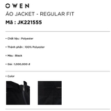 Áo Khoác Jacket Owen JK221555 Màu đen Dáng Regular Fit có mũ Vải Polyester